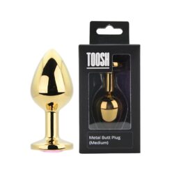 n12830 toosh gold metal butt plug medium pink stone pkg duo