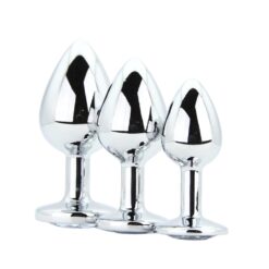 n12838 toosh metal butt plug silver set of 3 clear stone 1