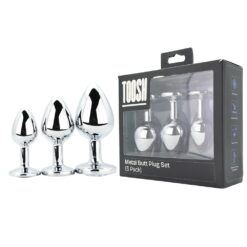 n12838 toosh metal butt plug silver set of 3 clear stone pkg duo