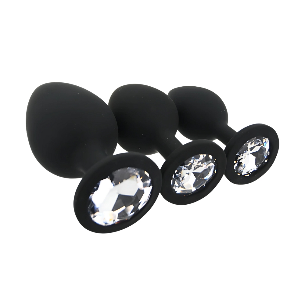 toosh silicone butt plug black set of 3 clear stone 3 toosh silicone butt plug black set of 3 clear stone 3