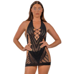 n12931 lace by lj halter neck dress with faux lace up black