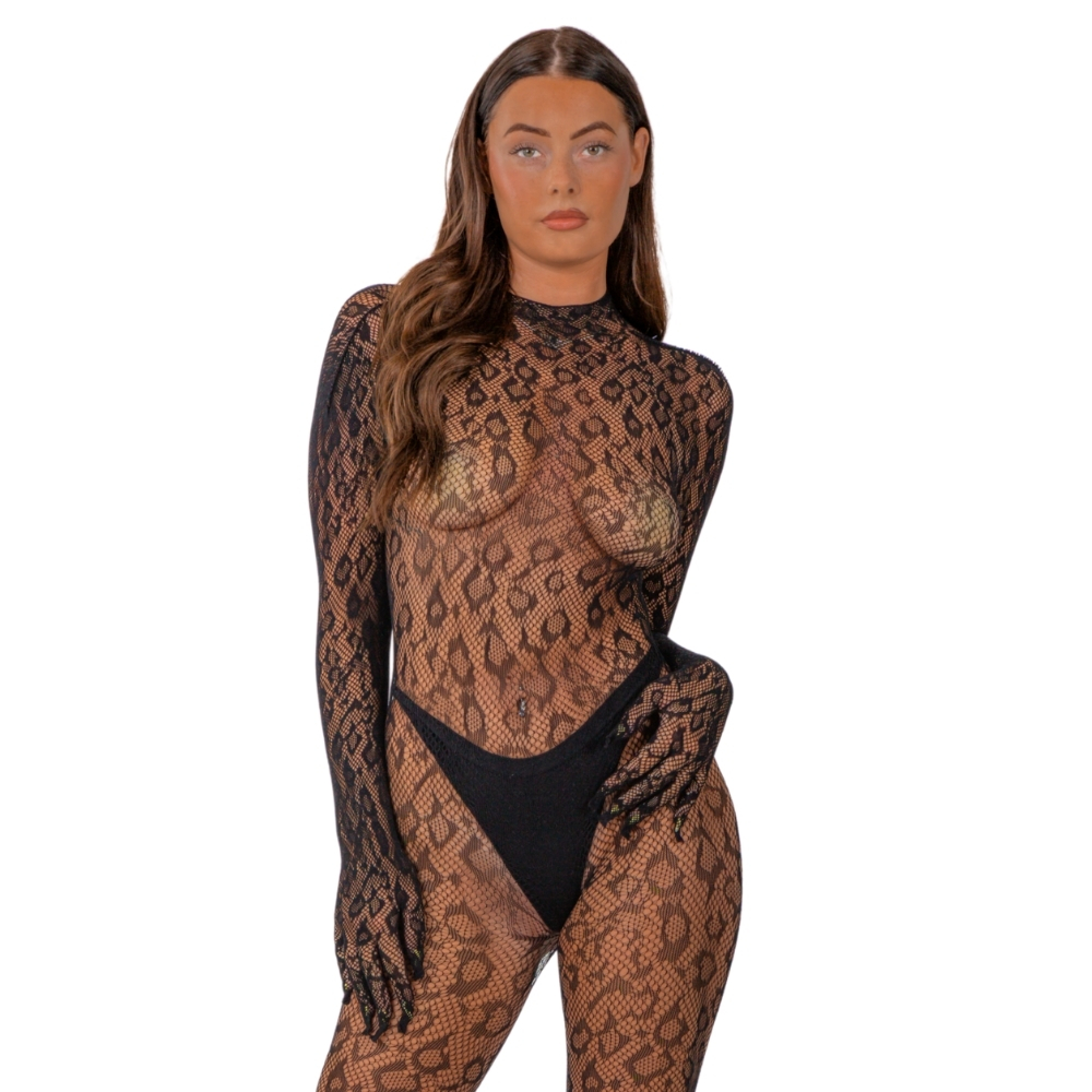 n12935 lace by lj gloved leopard print catsuit black n12935 lace by lj gloved leopard print catsuit black