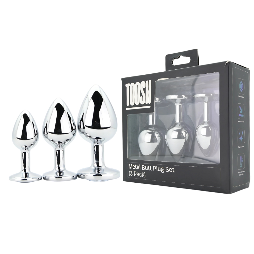n12838 toosh metal butt plug silver set of 3 clear stone pkg duo n12838 toosh metal butt plug silver set of 3 clear stone pkg duo