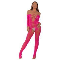 n12917 lace by lj lace up front crotchless bodystocking fushia 1