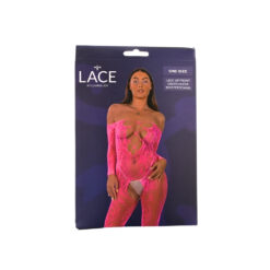 n12917 lace by lj lace up front crotchless bodystocking fushia pkg