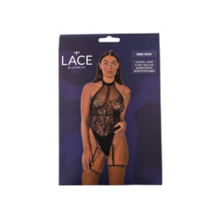 n12918 lace by lj floral lace and net halter suspender bodystocking black pkg