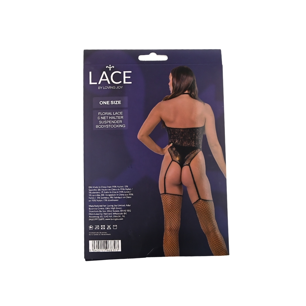 n12918 lace by lj floral lace and net halter suspender bodystocking black pkg bk n12918 lace by lj floral lace and net halter suspender bodystocking black pkg bk