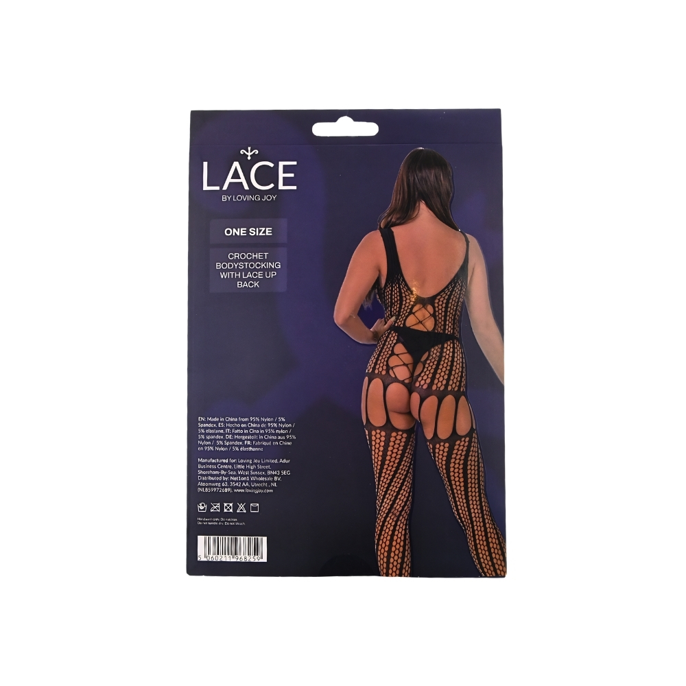 n12924 lace by lj crochet bodystocking with lace up back black pkg bk n12924 lace by lj crochet bodystocking with lace up back black pkg bk