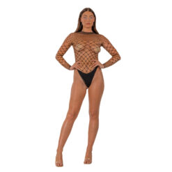 n12934 lace by lj fence net long sleeved thong bodysuit black 1 2